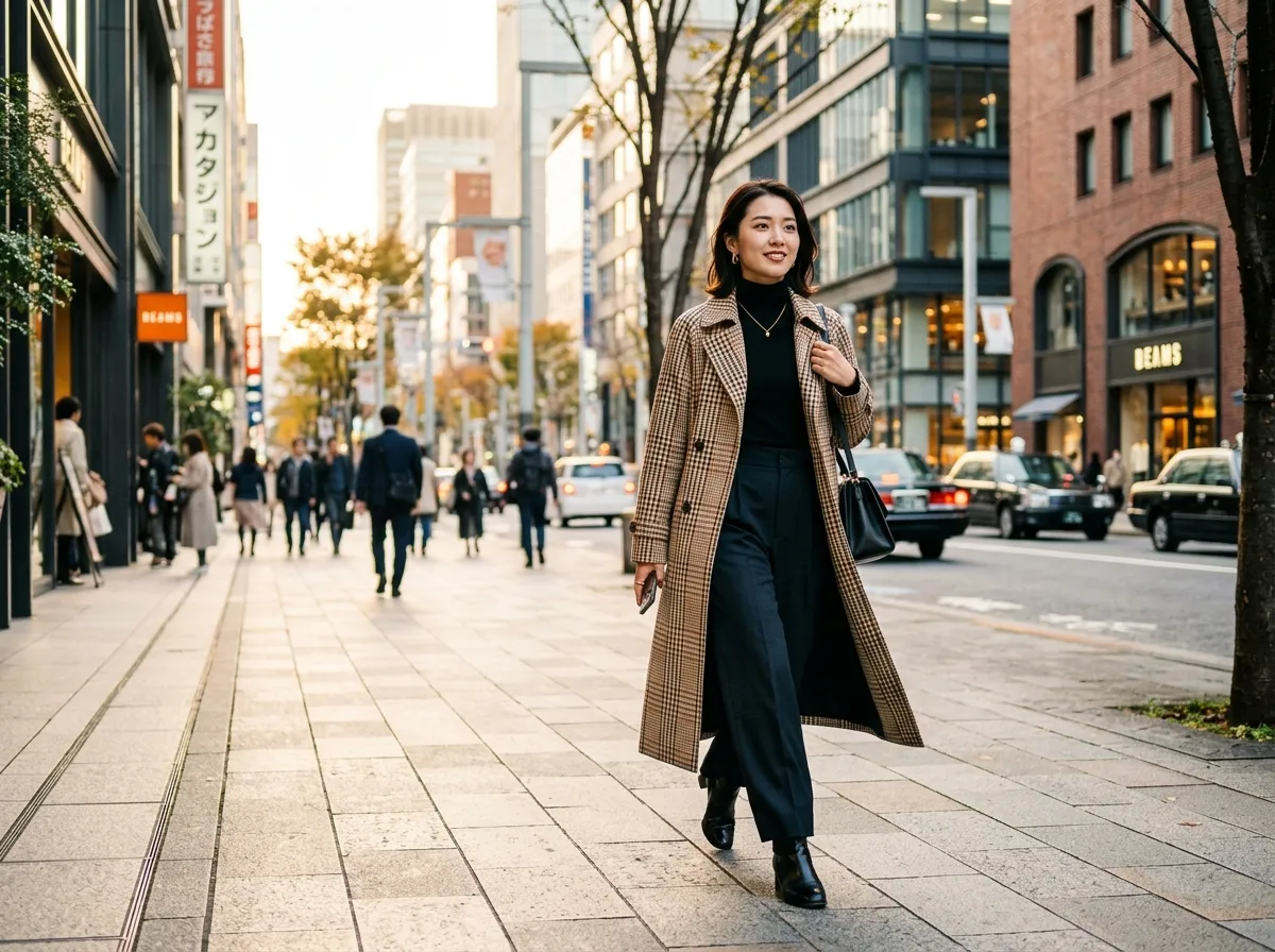 A woman in a long checked coat walks down a city sidewalk.