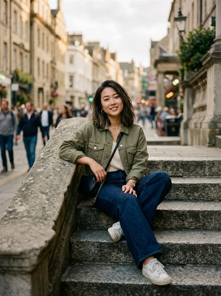 A woman sits on old stone steps in a city street, one hand resting on her knee.